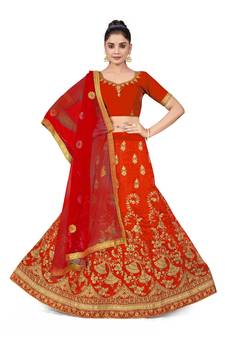 Light-red embroidered Art Silk semi stitched lehenga