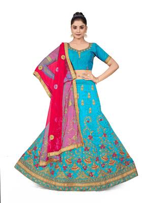 Sky-blue embroidered Art Silk semi stitched lehenga 1