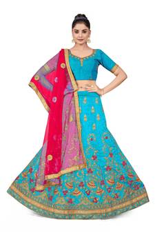 Sky-blue embroidered Art Silk semi stitched lehenga