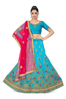 Sky-blue embroidered Art Silk semi stitched lehenga