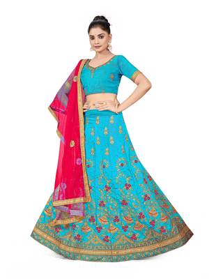 Sky-blue embroidered Art Silk semi stitched lehenga 2