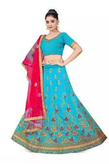 Sky-blue embroidered Art Silk semi stitched lehenga