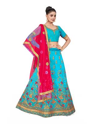 Sky-blue embroidered Art Silk semi stitched lehenga 4