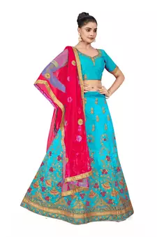 Sky-blue embroidered Art Silk semi stitched lehenga