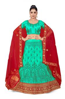 Sea-green embroidered Art Silk semi stitched lehenga