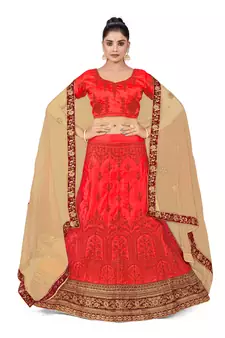 Light-red embroidered Art Silk semi stitched lehenga