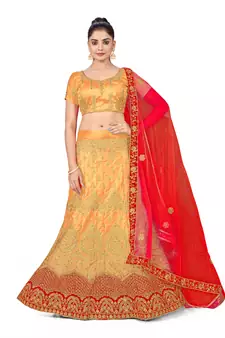 Beige embroidered Art Silk semi stitched lehenga