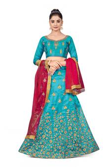 Sky-blue embroidered Art Silk semi stitched lehenga