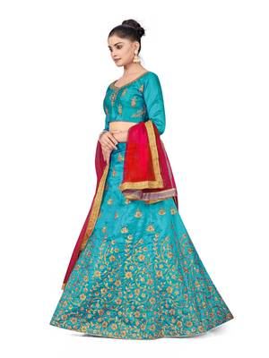 Sky-blue embroidered Art Silk semi stitched lehenga 2