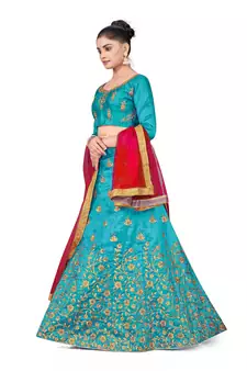 Sky-blue embroidered Art Silk semi stitched lehenga