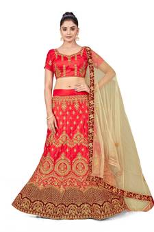 Light-red embroidered Art Silk semi stitched lehenga
