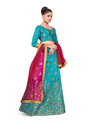 Sky-blue embroidered Art Silk semi stitched lehenga 4