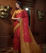Red woven satin saree with blouse