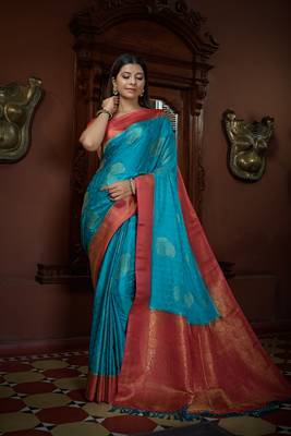 Blue woven satin saree with blouse 1