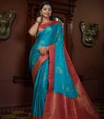 Blue woven satin saree with blouse