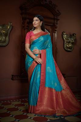 Blue woven satin saree with blouse 2