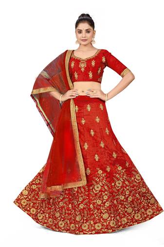 Light-red embroidered Art Silk semi stitched lehenga