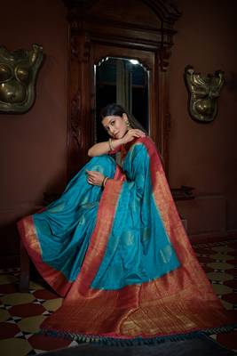Blue woven satin saree with blouse 3