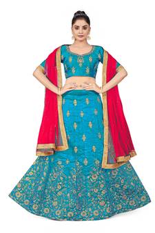 Sky-blue embroidered Art Silk semi stitched lehenga