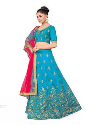 Sky-blue embroidered Art Silk semi stitched lehenga 2