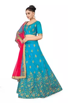 Sky-blue embroidered Art Silk semi stitched lehenga