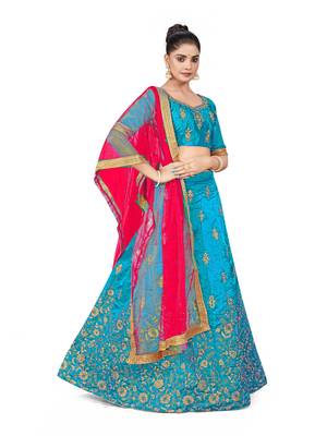 Sky-blue embroidered Art Silk semi stitched lehenga 4