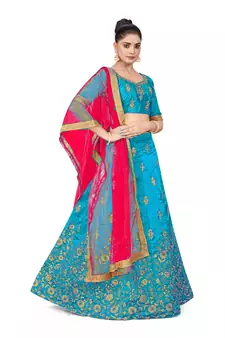 Sky-blue embroidered Art Silk semi stitched lehenga