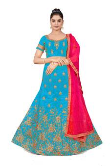 Sky-blue embroidered Art Silk semi stitched lehenga