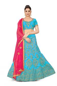 Sky-blue embroidered Art Silk semi stitched lehenga