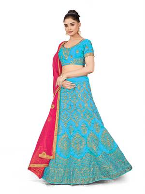 Sky-blue embroidered Art Silk semi stitched lehenga 2