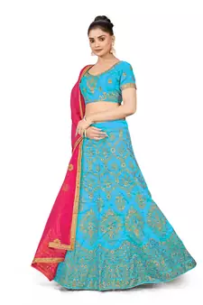 Sky-blue embroidered Art Silk semi stitched lehenga