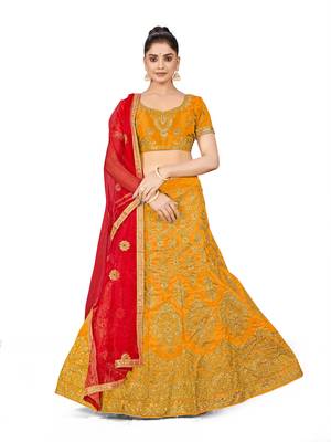 Mustard embroidered Art Silk semi stitched lehenga 1