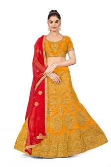 Mustard embroidered Art Silk semi stitched lehenga