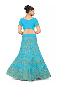 Sky-blue embroidered Art Silk semi stitched lehenga