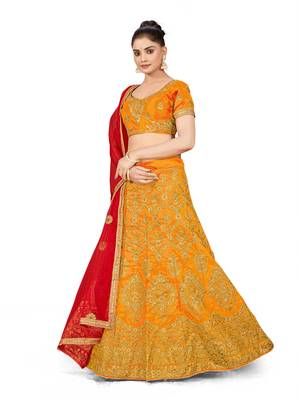 Mustard embroidered Art Silk semi stitched lehenga 2