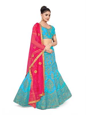 Sky-blue embroidered Art Silk semi stitched lehenga 4