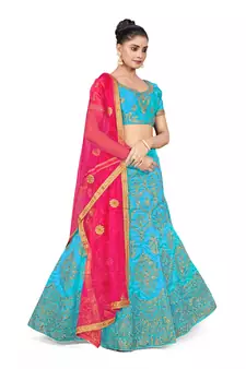 Sky-blue embroidered Art Silk semi stitched lehenga