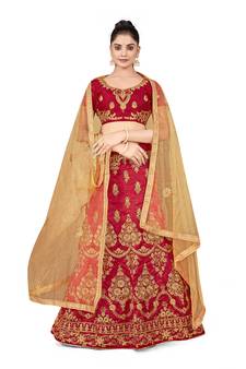 Maroon embroidered Art Silk semi stitched lehenga