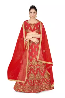 Light-red embroidered Art Silk semi stitched lehenga