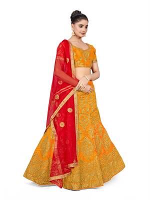 Mustard embroidered Art Silk semi stitched lehenga 4