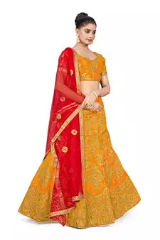 Mustard embroidered Art Silk semi stitched lehenga