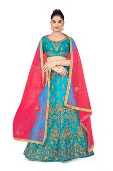 Sky-blue embroidered Art Silk semi stitched lehenga