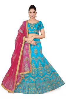 Sky-blue embroidered Art Silk semi stitched lehenga
