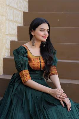 green Silk With Jacquard Weaving Work Gown 1