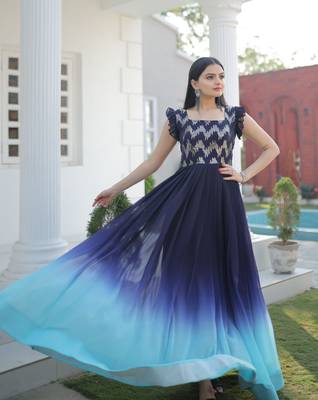 Blue Georgette Sequins Embroidered Gown 1