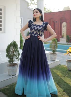 Blue Georgette Sequins Embroidered Gown 3