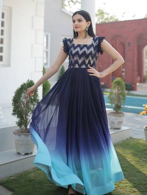 Blue Georgette Sequins Embroidered Gown 4