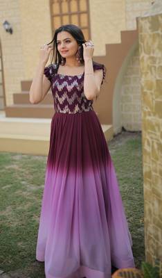 Wine Georgette Sequins Embroidered Gown 2