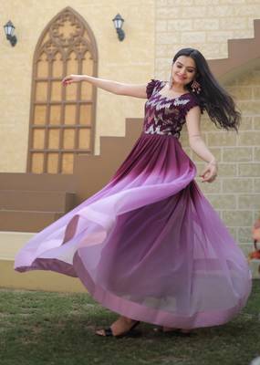 Wine Georgette Sequins Embroidered Gown 3