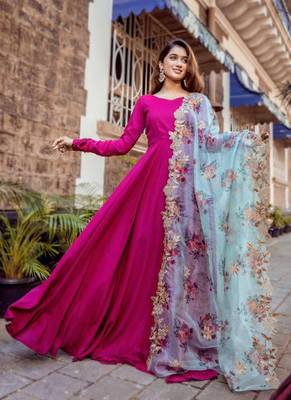 Rani Pink Rayon Designer Gown with Organza Dupatta 1